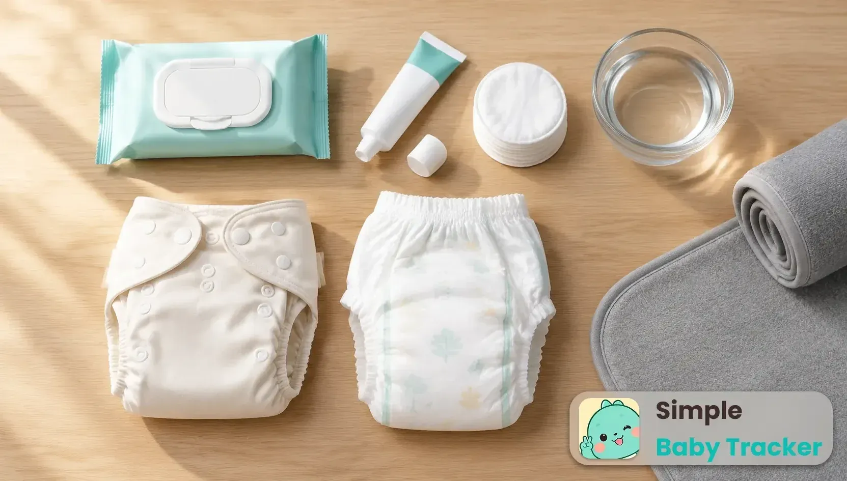 Flat lay of diaper changing supplies — a folded disposable diaper, zinc oxide cream, a bowl of water and cotton pads on a neutral surface