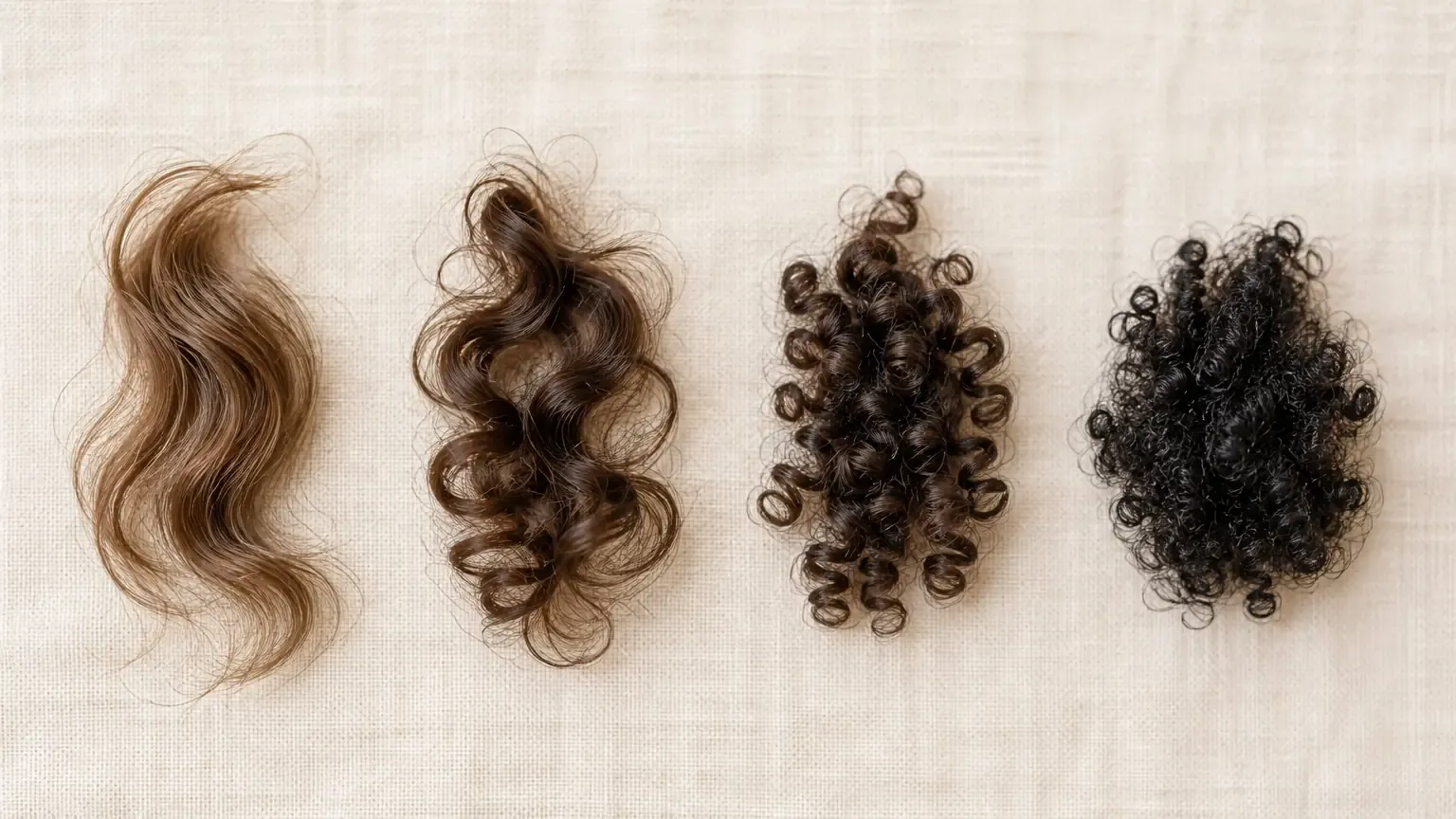 Cuatro mechones de cabello de bebé en fila, mostrando distintos patrones de rizo desde ondas suaves hasta espirales apretadas