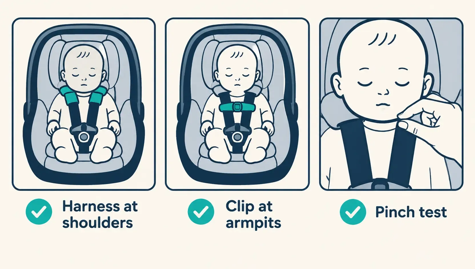 Diagram of the three-point car seat fit test: harness straps at or below the shoulders, chest clip at armpit level, and the pinch test for slack