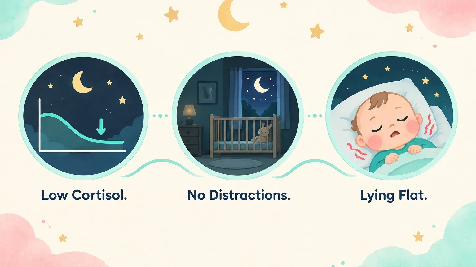 Three nighttime teething pain mechanisms: low evening cortisol, no daytime distractions, and lying flat increasing gum pressure