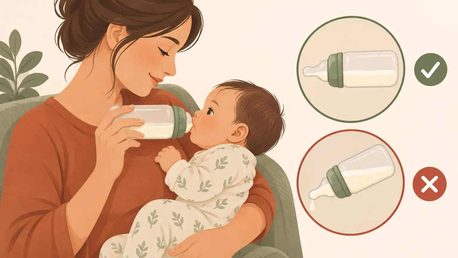 Illustration of paced bottle feeding: baby held upright, bottle held horizontal, milk just filling the nipple tip