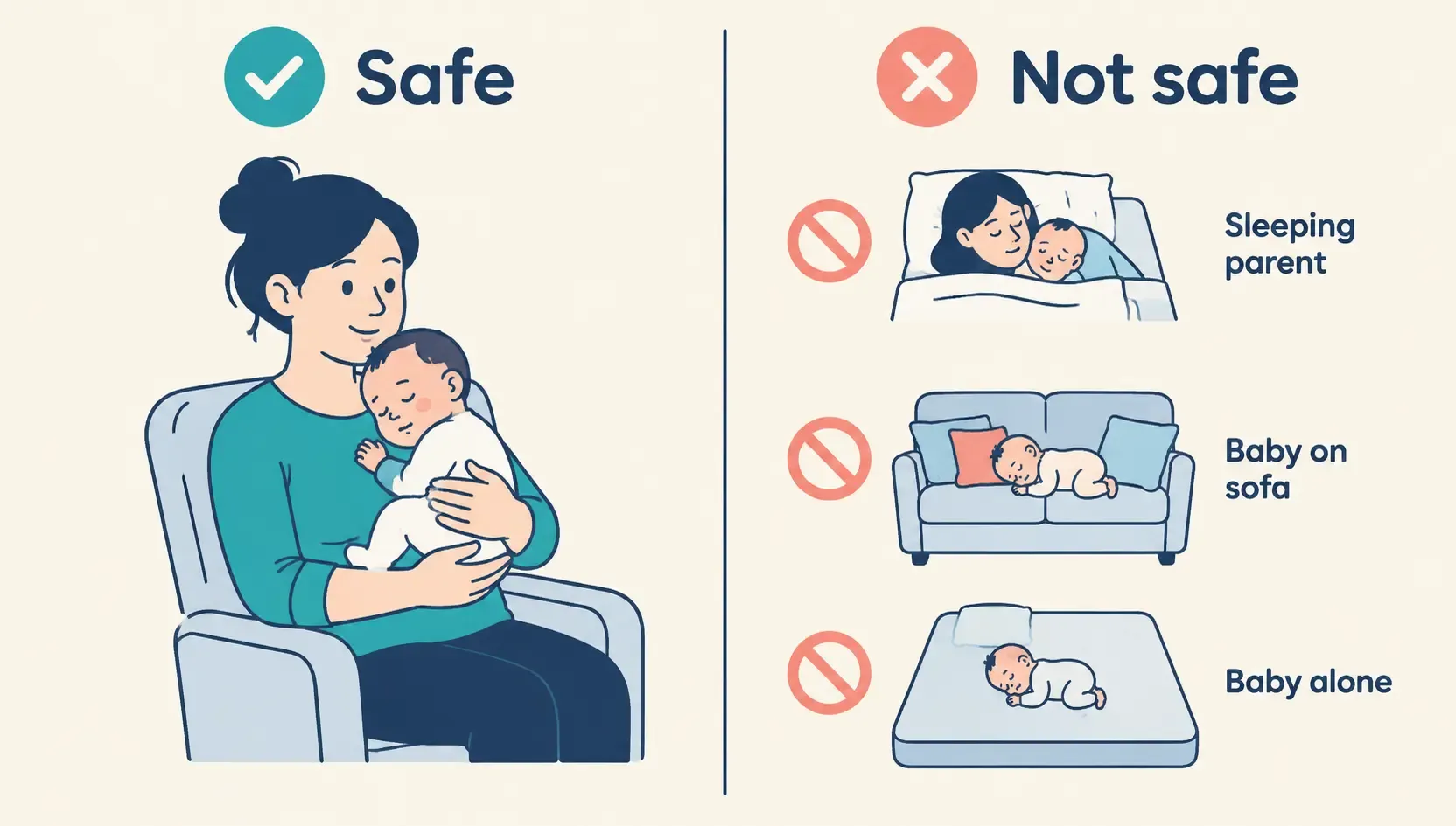 Safety comparison for contact naps: safe when an awake adult holds the baby upright, unsafe when the adult sleeps, on a sofa, or on an adult mattress