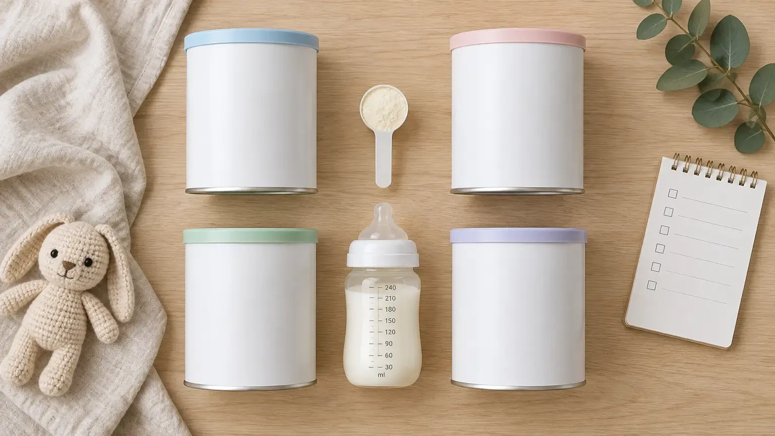 Unbranded infant formula containers with scoop and bottle arranged for type comparison