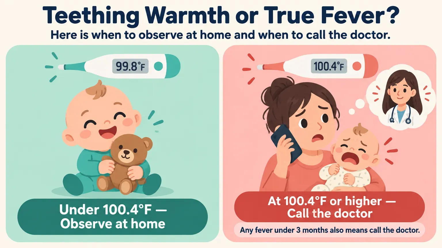 Teething warmth versus true fever decision guide: under 100.4 degrees observe at home, at 100.4 or higher call the doctor