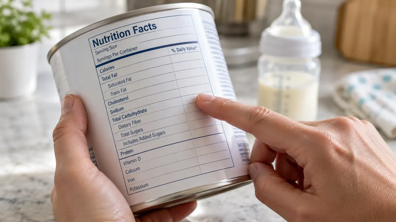 Close-up of hands checking iron-fortified nutrition label on blank formula container