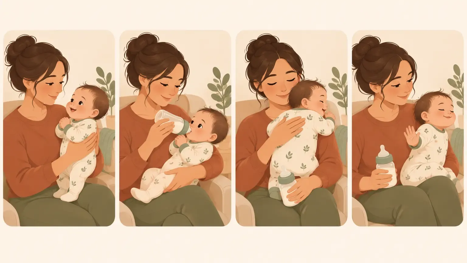 Step-by-step paced bottle feeding sequence: upright hold, horizontal bottle, pause-and-burp break, baby-led finish