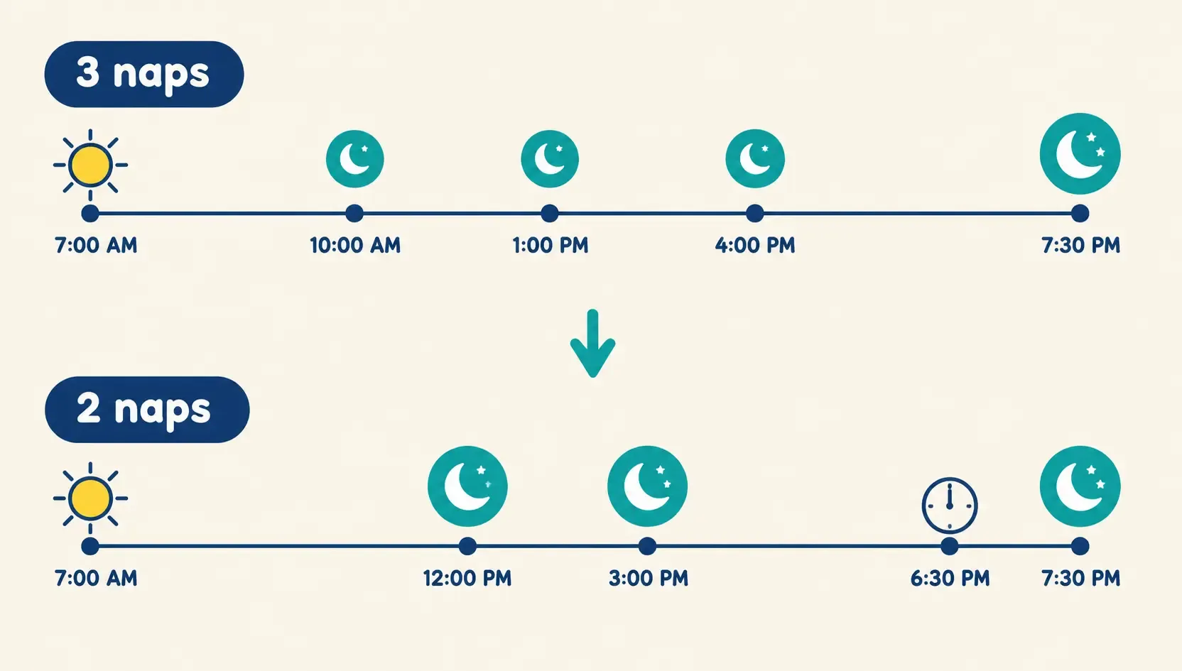 Timeline comparing a three-nap day with a late catnap against a two-nap day with consolidated naps and an earlier bedtime