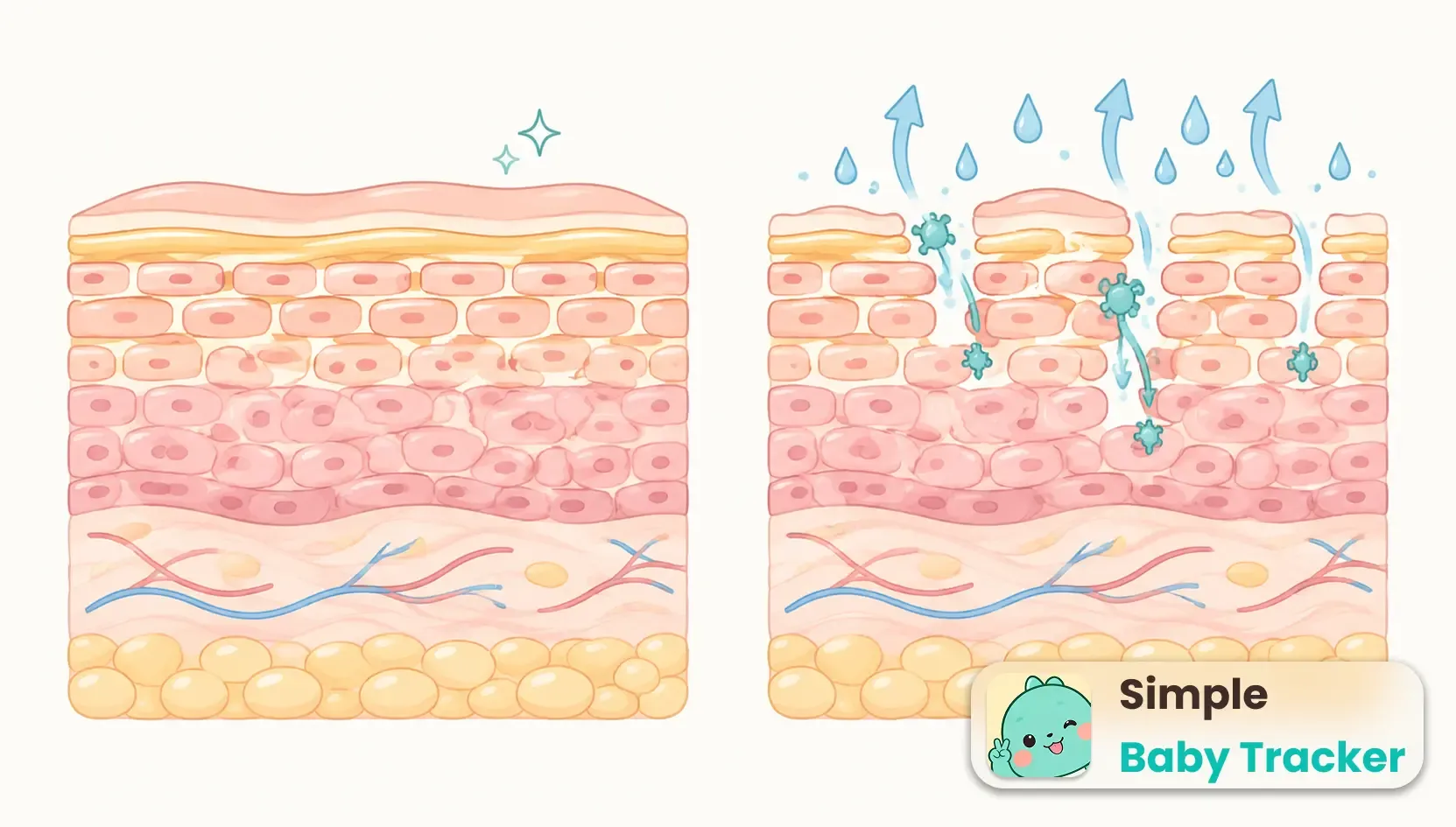 Cross-section diagram of infant skin barrier showing an intact outer layer next to a compromised one, with pH rising and faecal enzymes reaching the lower layers