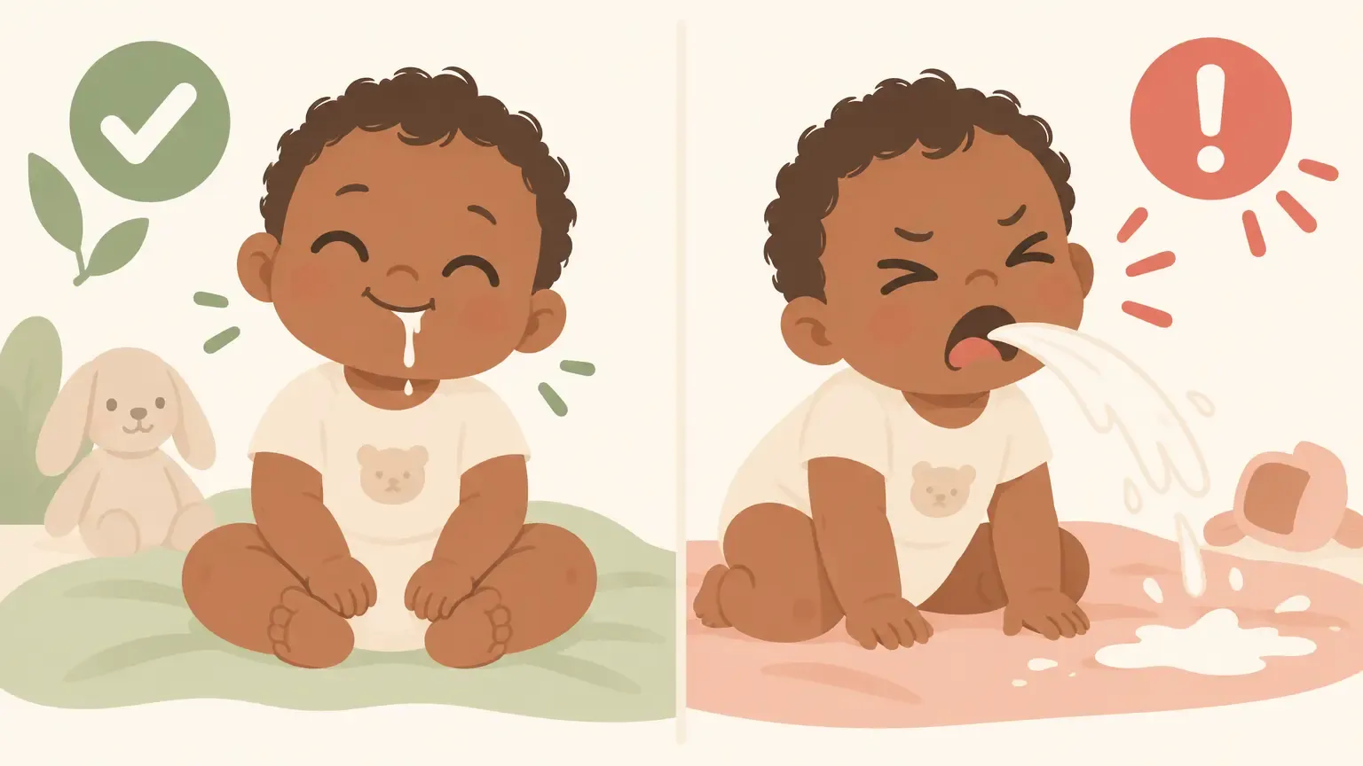 Side-by-side comparison of effortless spit-up with a happy baby versus forceful vomiting with a distressed baby