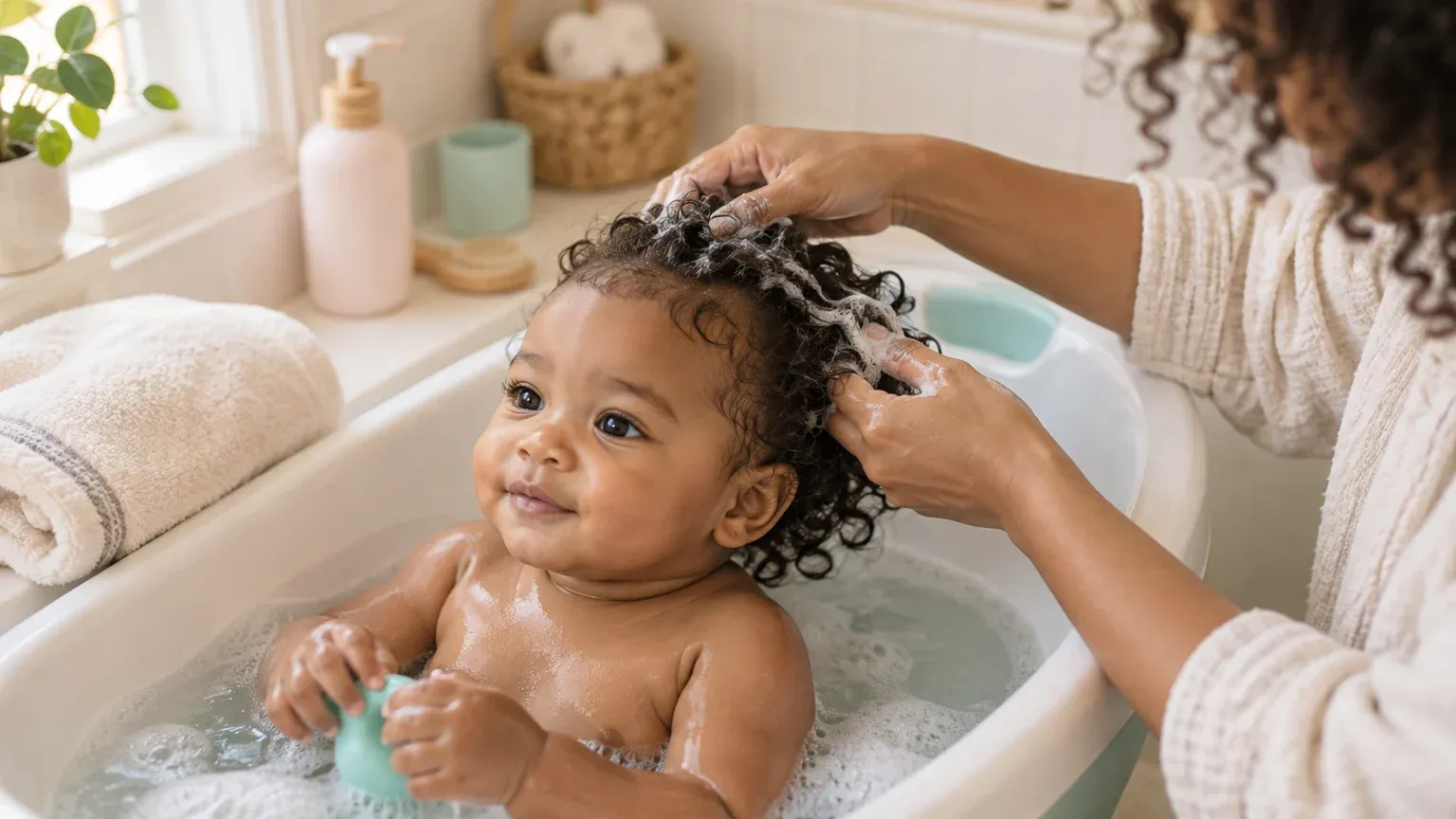 Padre o madre lavando el cabello rizado del bebé en un baño poco profundo, pasando acondicionador por los rizos