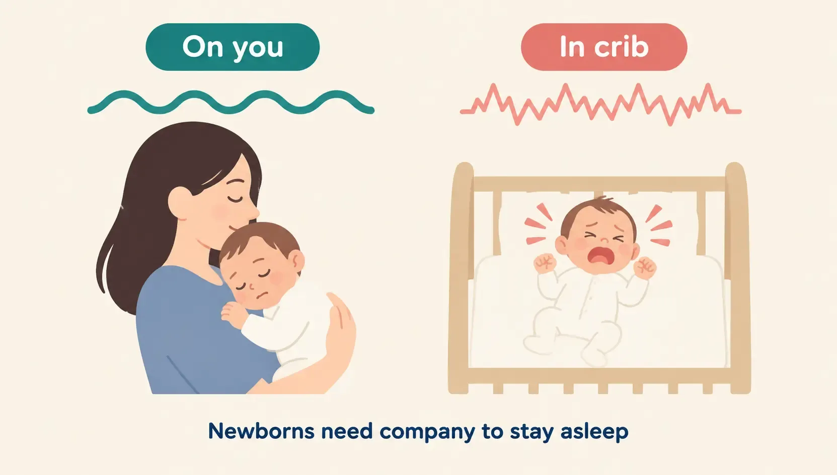 Illustration of a newborn sleeping calmly on an adult but waking alone in a crib, showing why contact naps happen