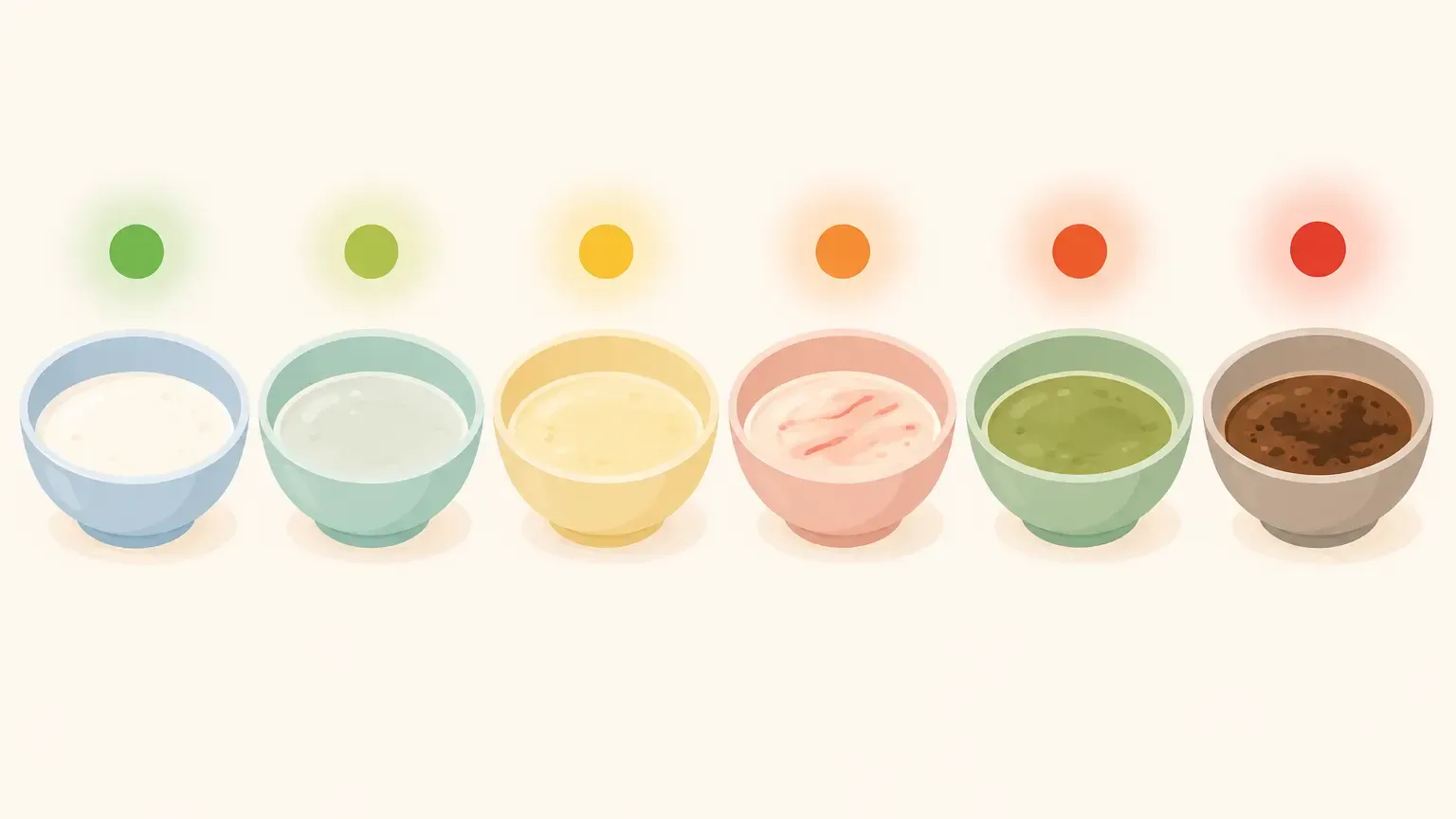 Six bowls showing spit-up colors from milky white and clear to pink-streaked, green bile, and dark coffee-ground