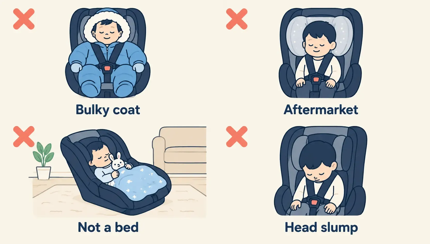 Four car seat mistakes to avoid: bulky winter coats, aftermarket inserts, using the seat as a bed, and head slumping forward