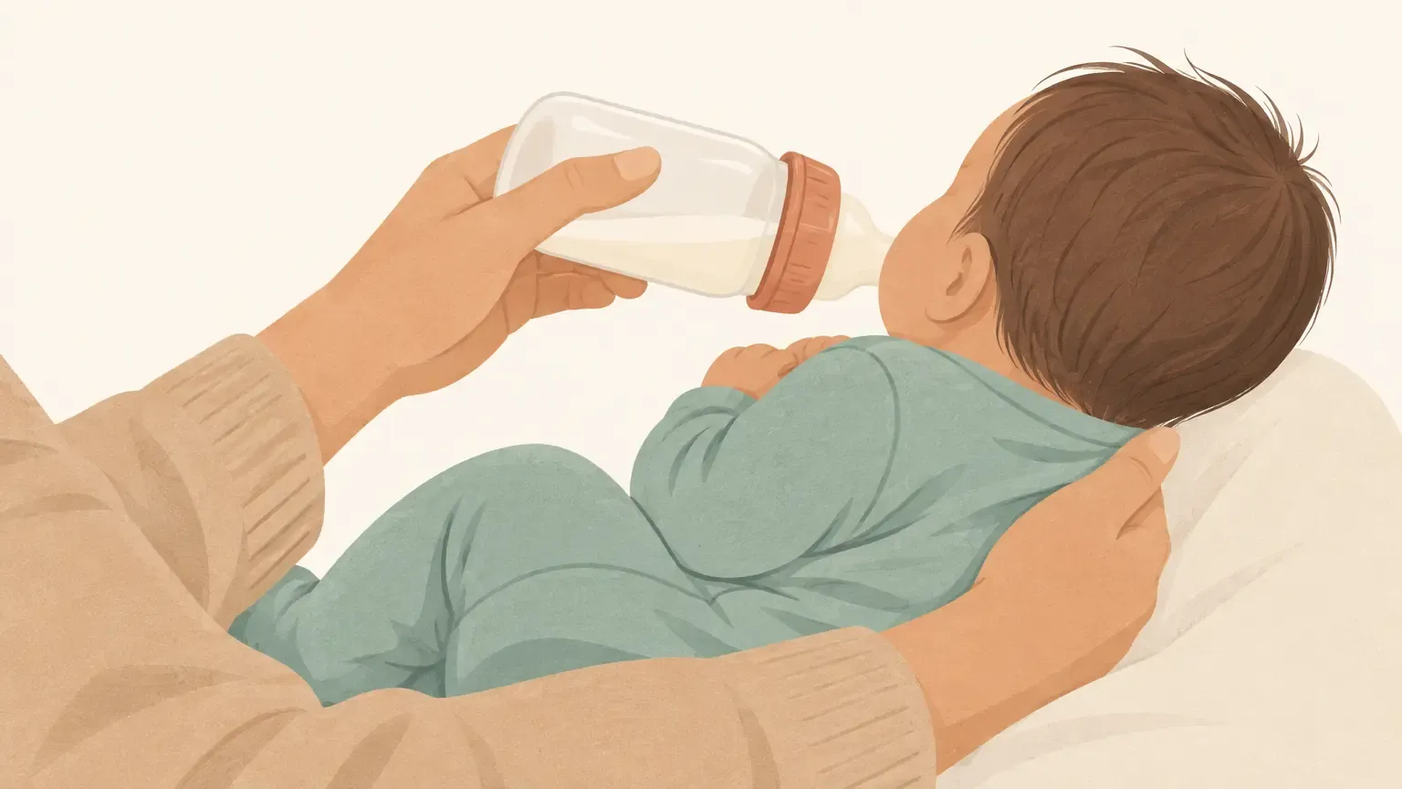 Paced bottle feeding: a bottle held nearly horizontal so milk just covers the nipple, with the baby semi-upright