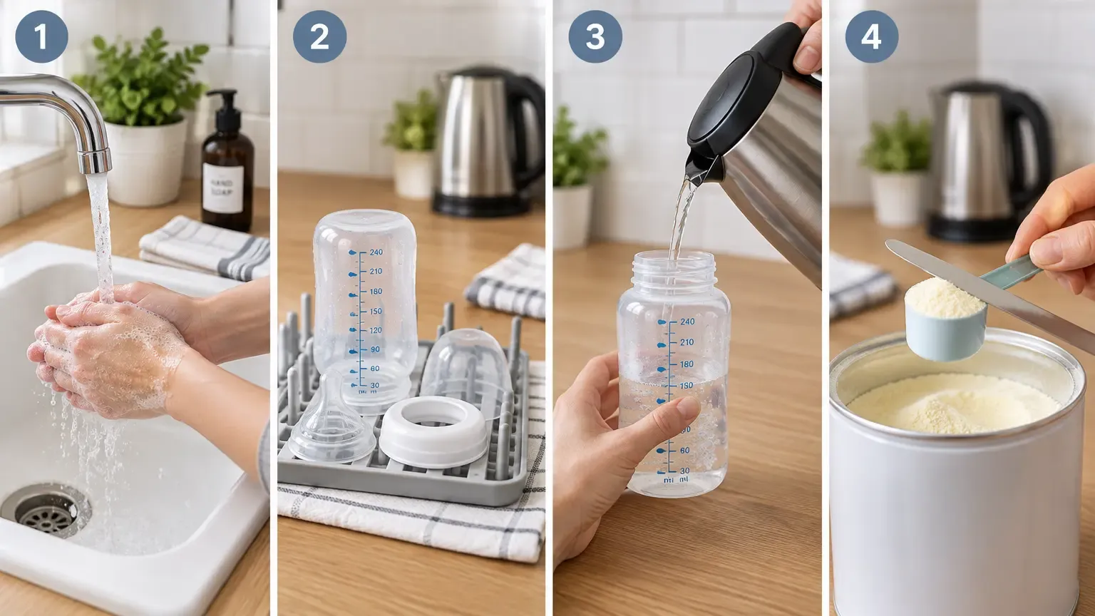 Four-step safe infant formula preparation from handwashing to mixing bottle