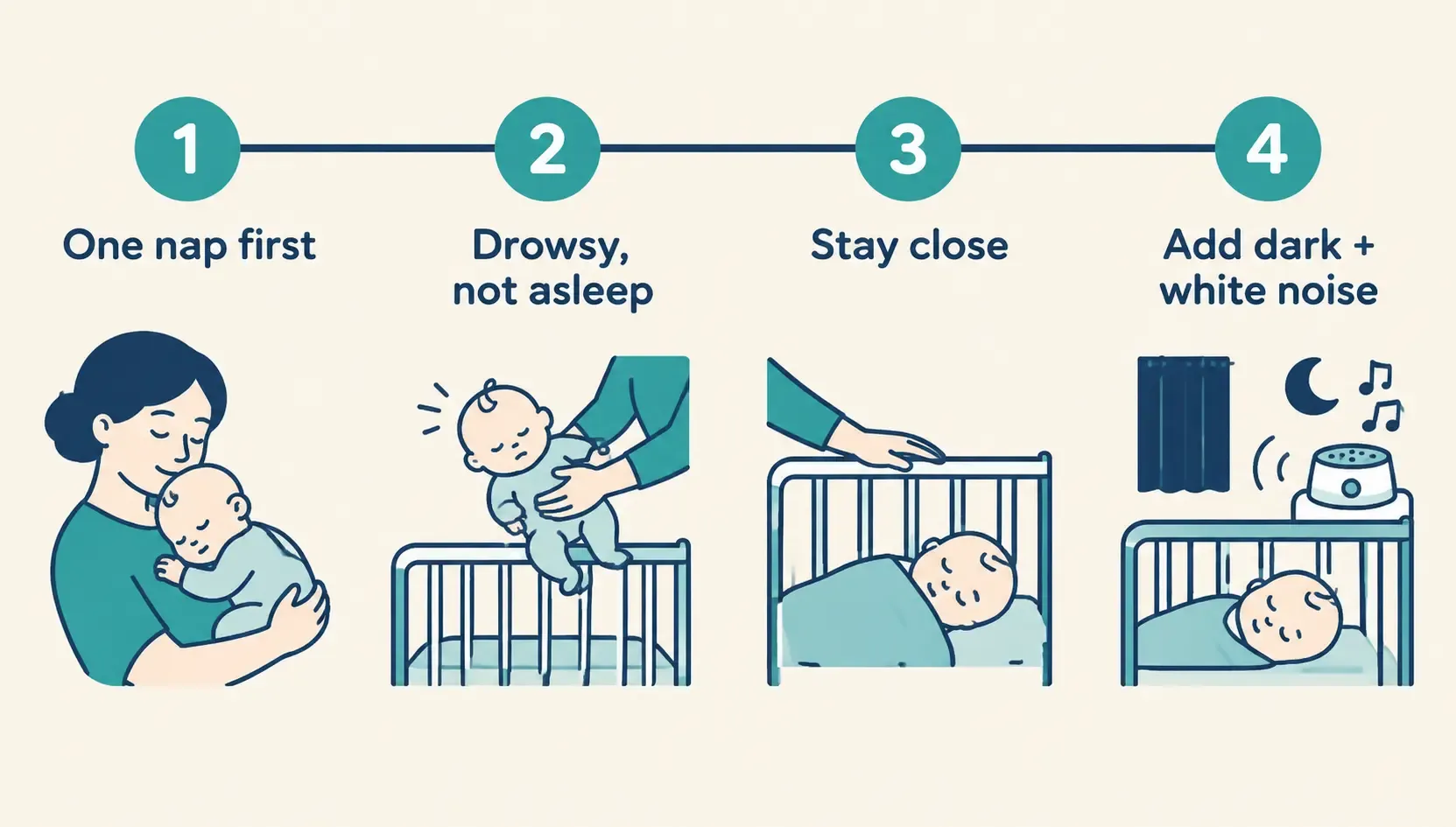 Four-step timeline for transitioning from contact naps to crib naps: one nap first, put down drowsy, stay close, then add dark room and white noise