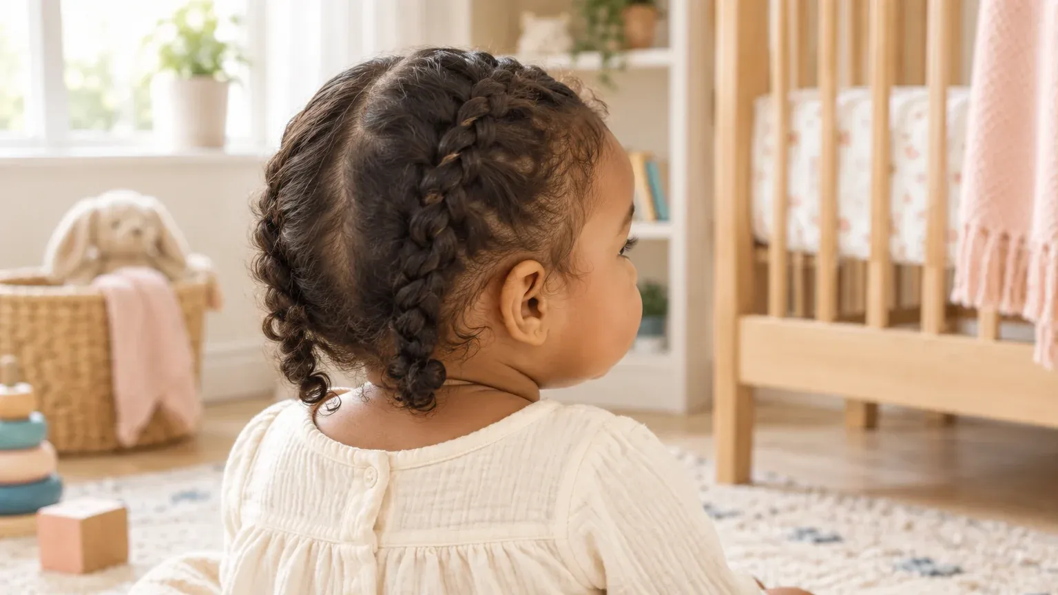 Un bebé visto desde atrás con dos trenzas sueltas, la línea del cabello relajada y sin tensión