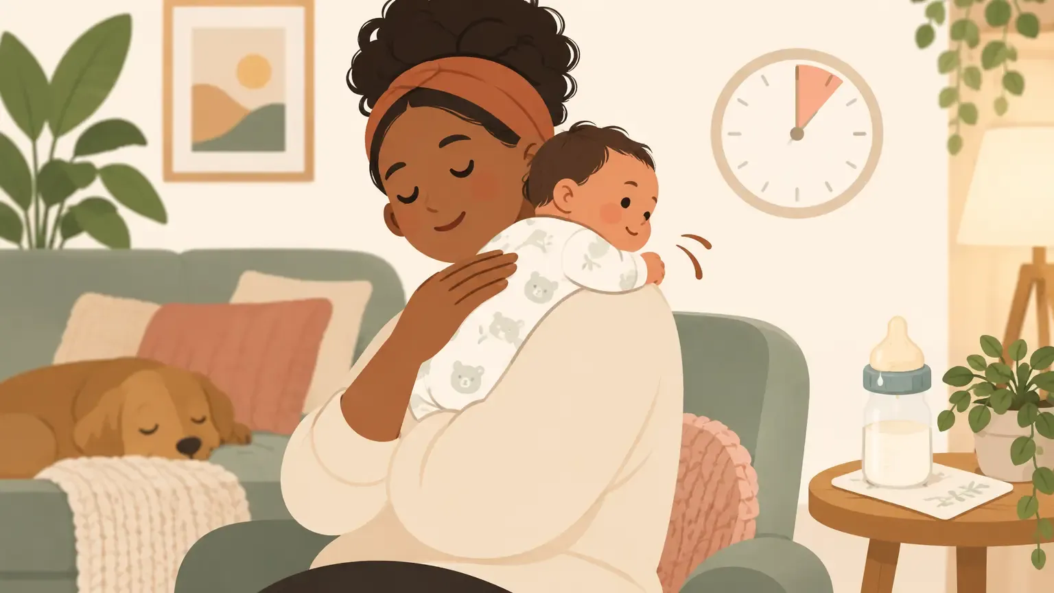 Parent holding baby upright on the shoulder for burping after a feed to reduce spit-up reflux