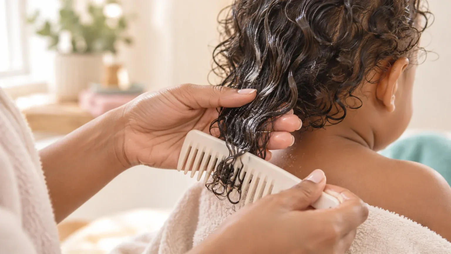 Un peine de dientes anchos desenredando cabello rizado mojado de bebé, trabajando desde las puntas hacia arriba