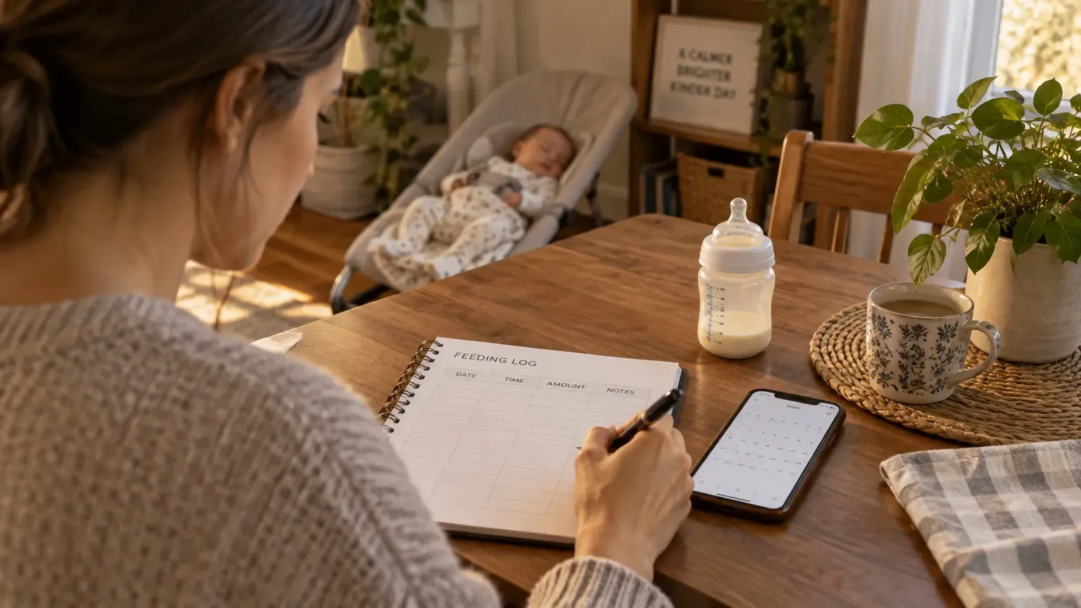 Parent consulting pediatrician notes while tracking baby bottle feeds at home