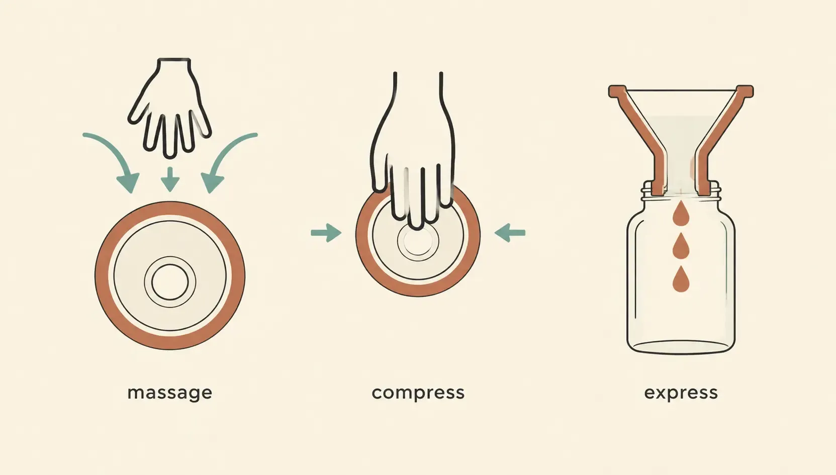 Three-step hands-on pumping diagram: massage, compress, and express while pumping