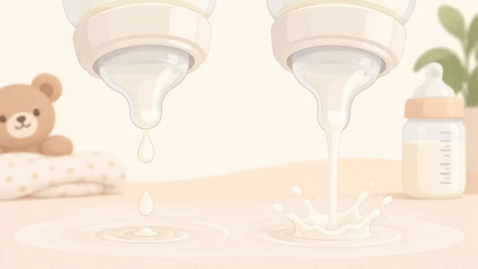 Two bottle nipples compared: slow drip versus fast-pour flow that worsens baby spit-up