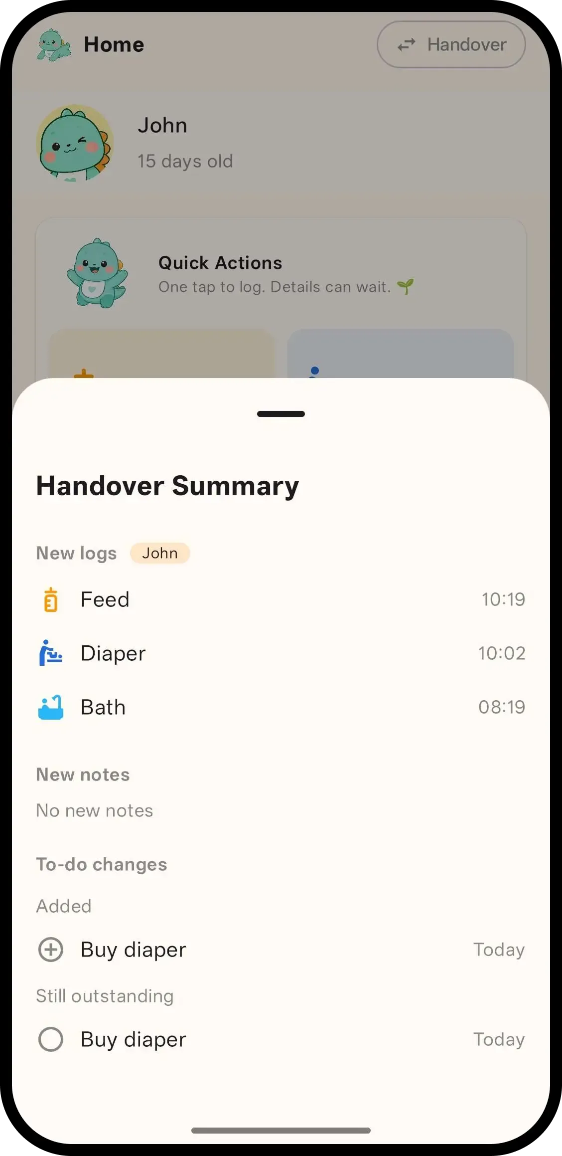 Handover Summary sheet with new logs and to-do changes