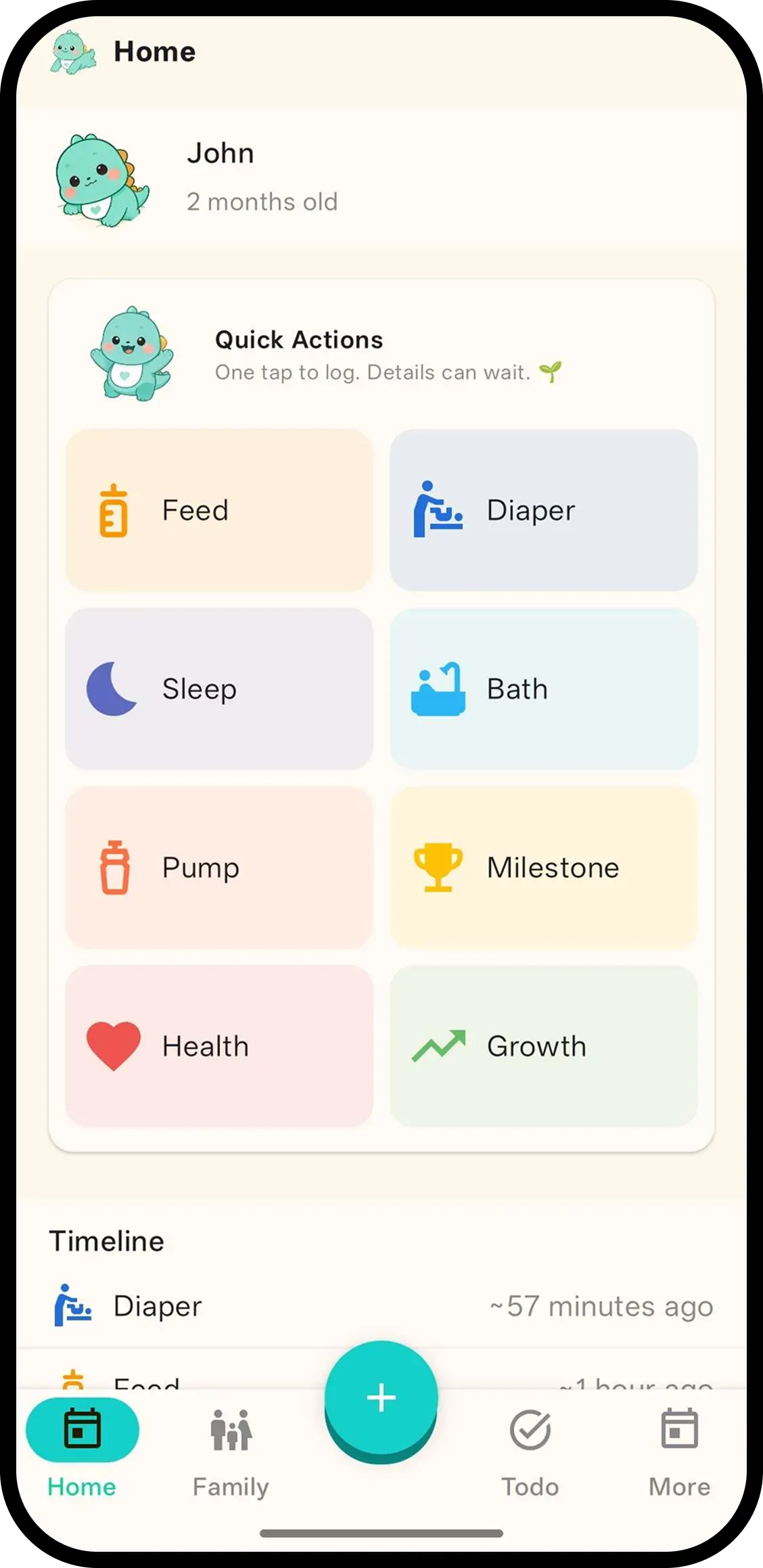 Home with Quick Actions, baby switcher and timeline
