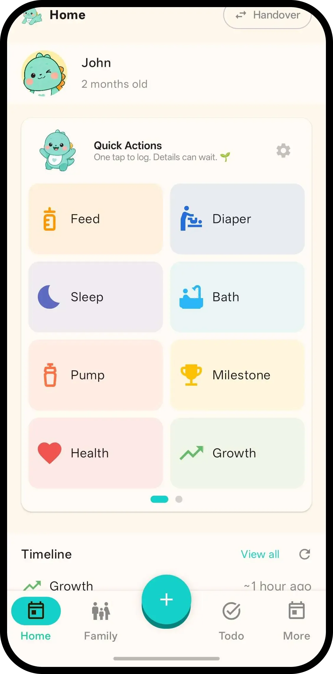 Home with Quick Actions, baby switcher and timeline