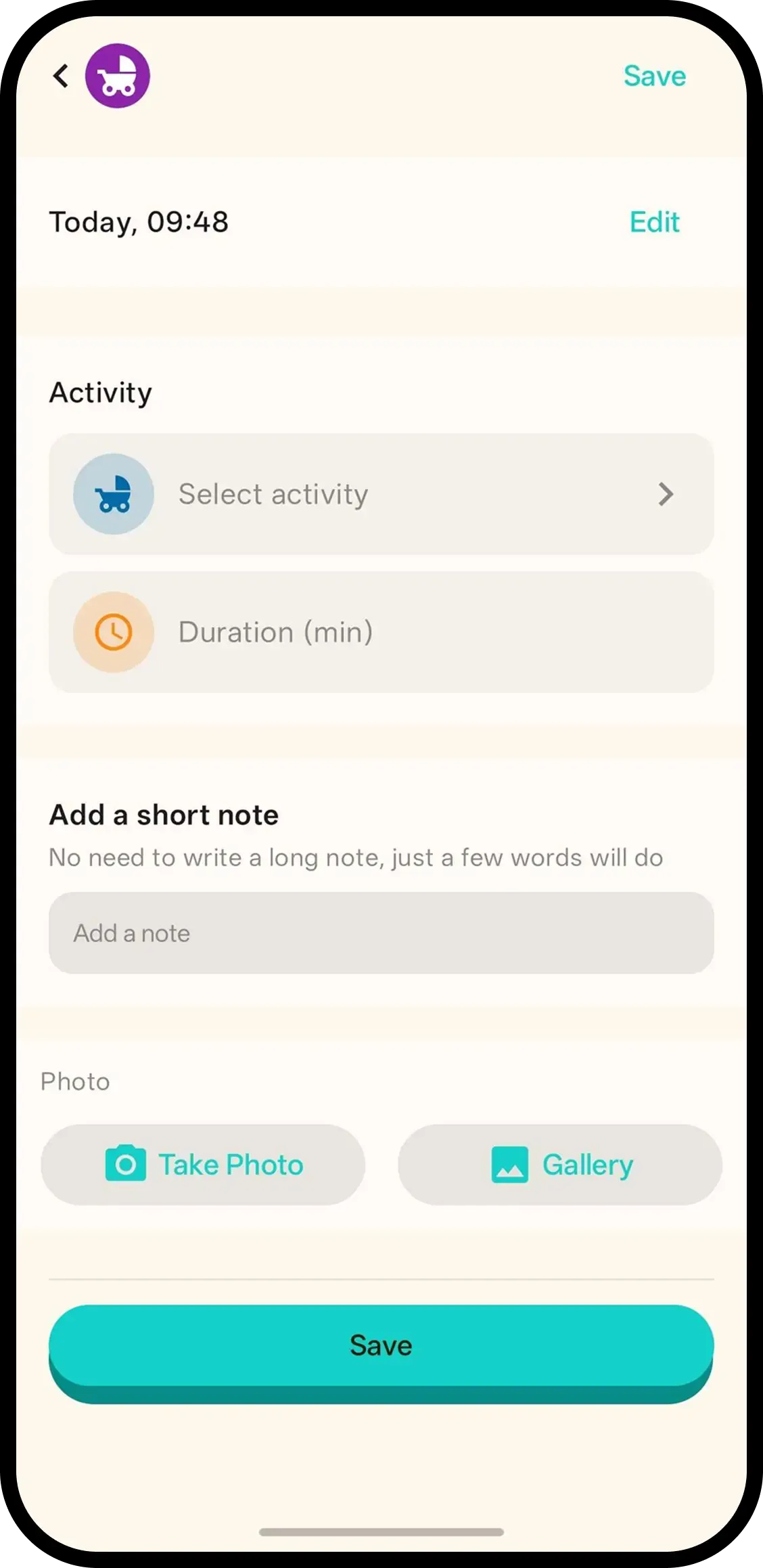 Activity detail with the activity picker and duration