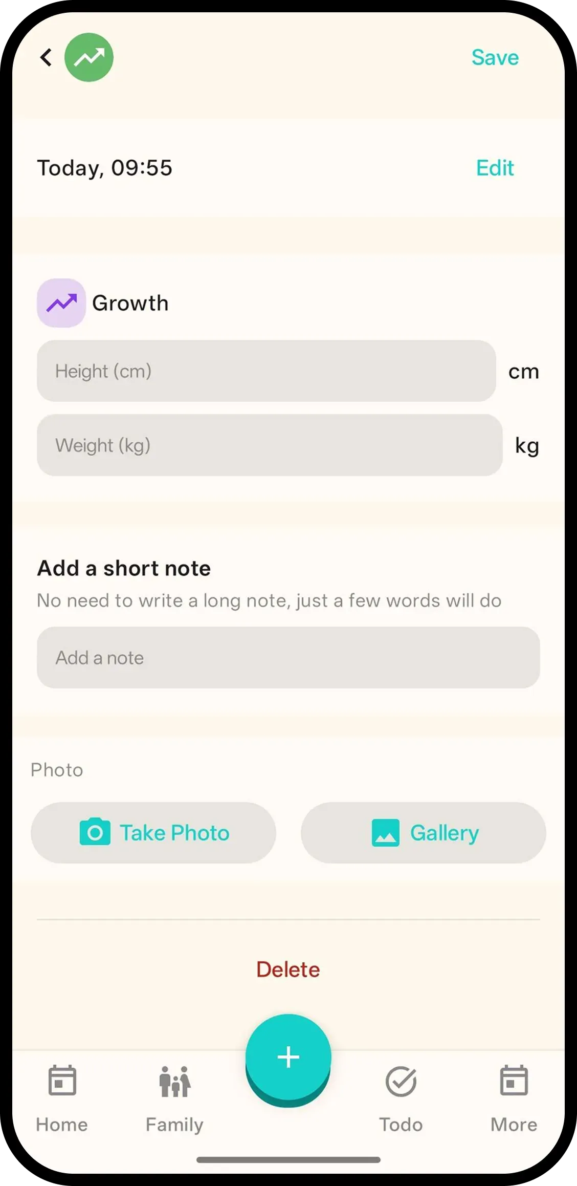 Growth log detail with height and weight