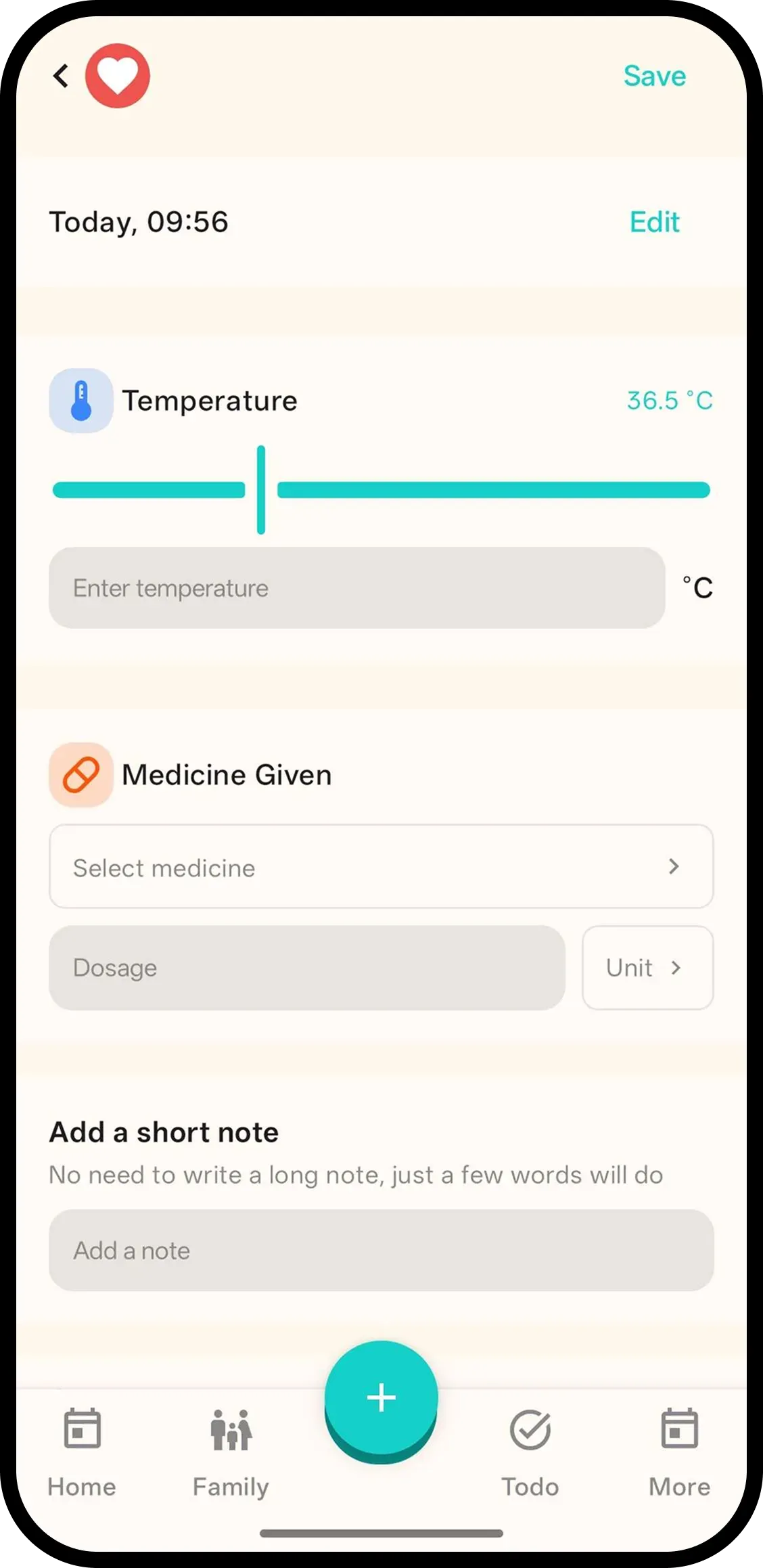 Health log detail with temperature and medicine