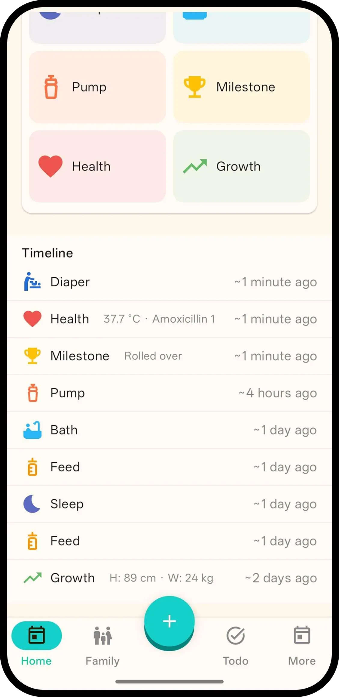 Home timeline with baby badge and recent logs