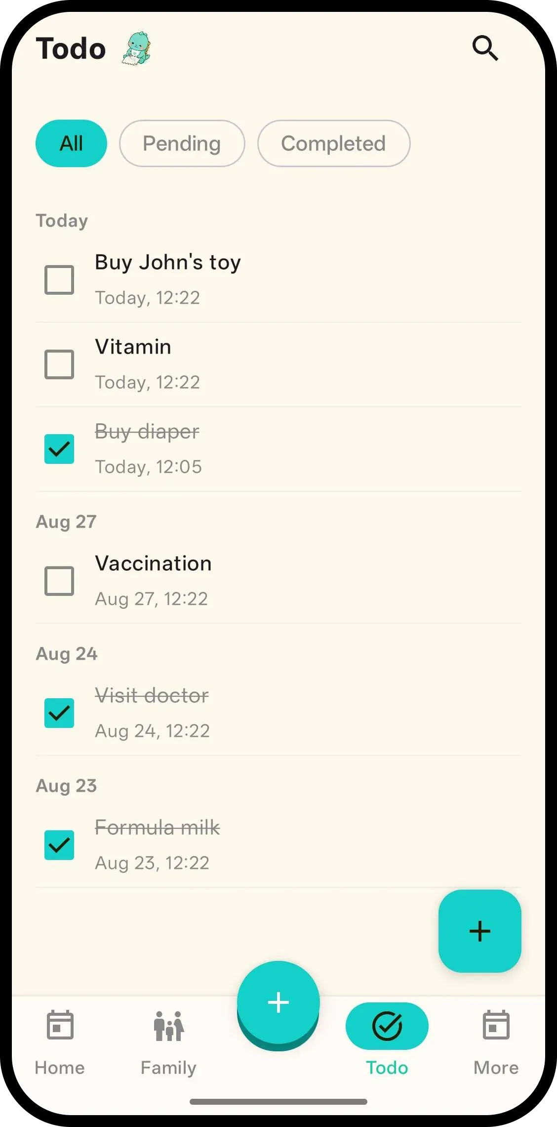 Todo grouped by due date with search and filters