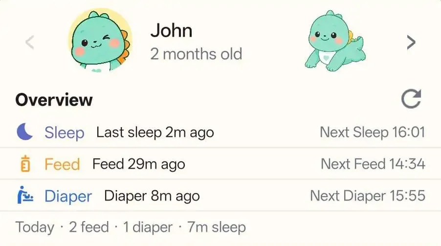 Care status widget showing sleep feed and diaper status